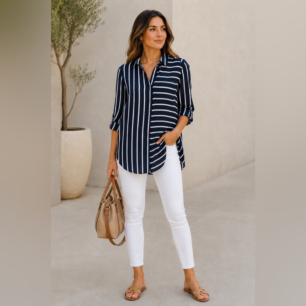 Cupio Navy and White Striped Button-Front Shirt - Picture 1 of 10